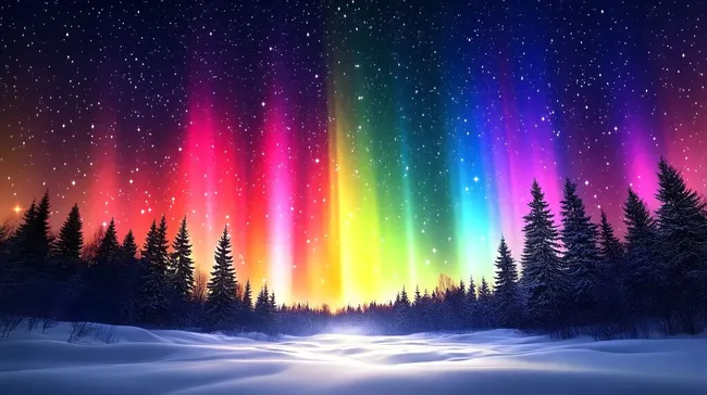 Bunte Polarlichter über verschneitem Winterwald