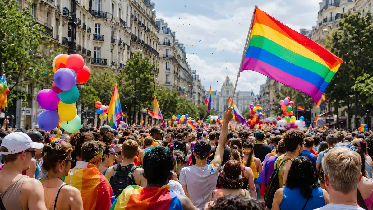Bunte Pride-Parade auf einer städtischen Prachtstraße