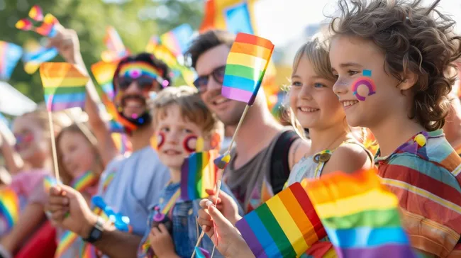 Bunte Pride-Parade mit fröhlichen Familien