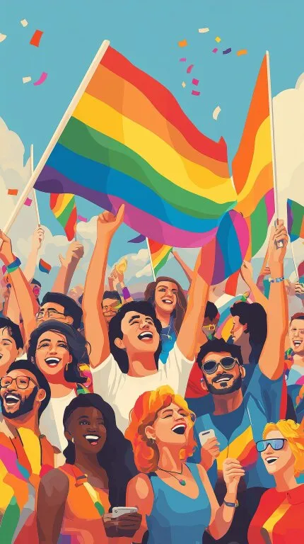 Bunte Pride-Parade mit jubelnder Menschenmenge