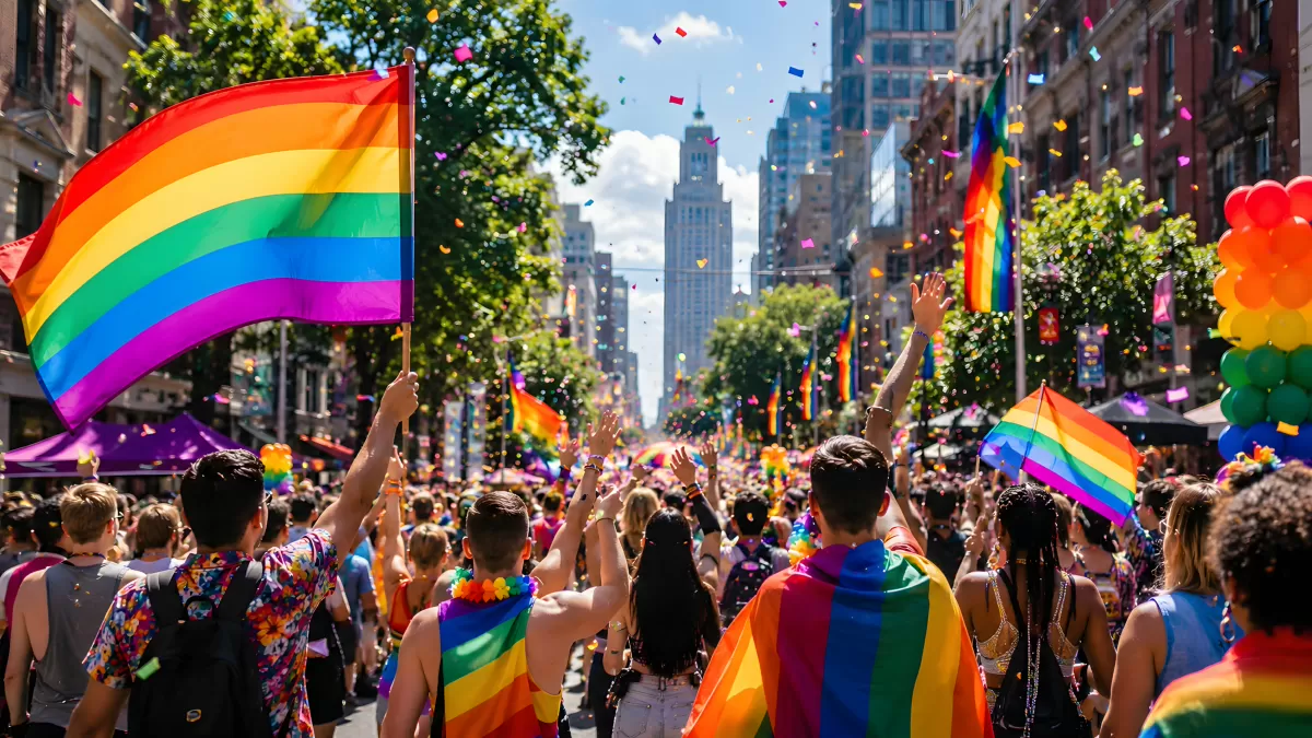 Bunte Pride-Parade mit Regenbogenfahnen in der Stadt