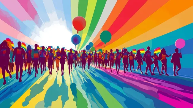 Bunte Pride-Parade mit Regenbogenfarben und Luftballons