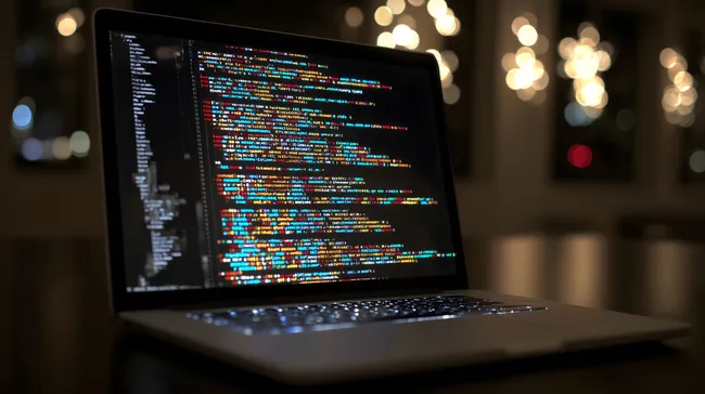 Bunte Programmierkodierung auf Laptop bei Nacht