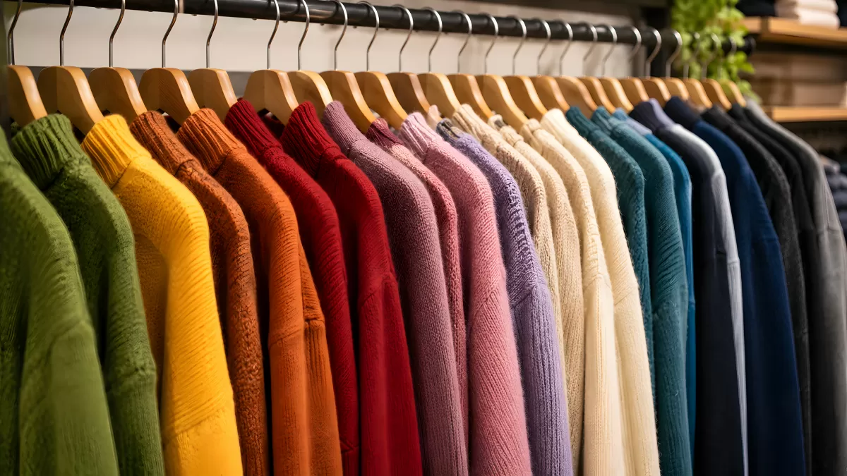 Bunte Pullover auf Holzbügeln in der Kleiderstange