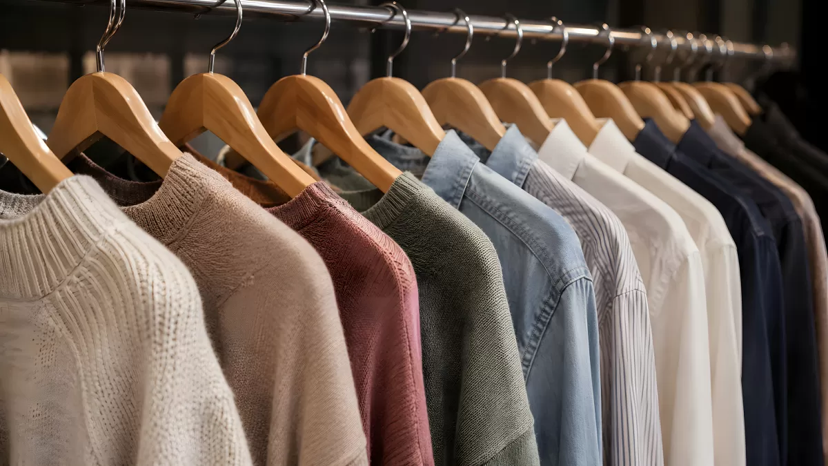 Bunte Pullover und Hemden auf Holzbügeln an Kleiderstange