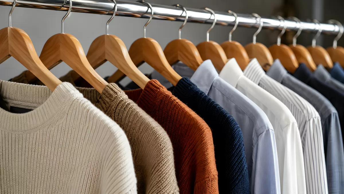 Bunte Pullover und Hemden auf Holzbügeln aufgereiht