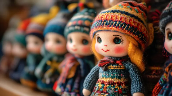 Bunte Puppen in Winterkleidung aus Handarbeit