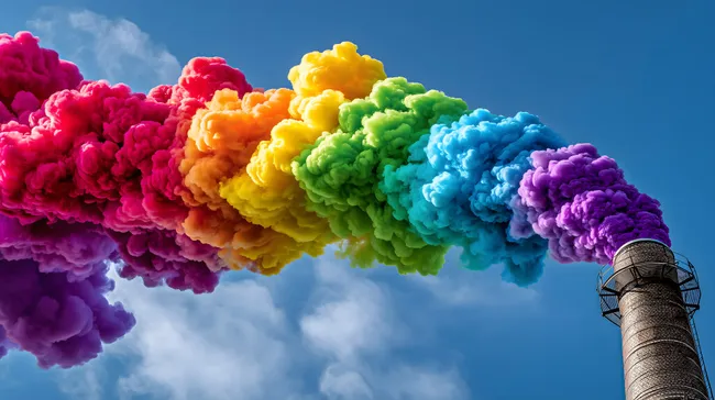 Bunte Rauchwolke über Industriekamin in blauem Himmel