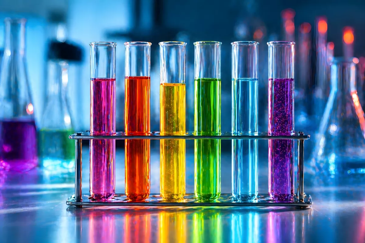 Bunte Reagenzgläser im Labor auf glänzender Fläche