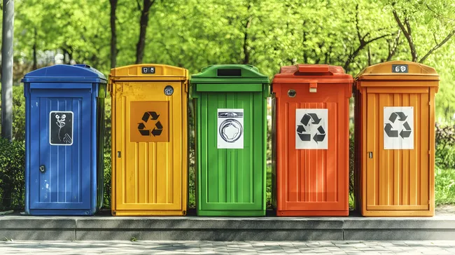 Bunte Recycling-Stationen im Grünen