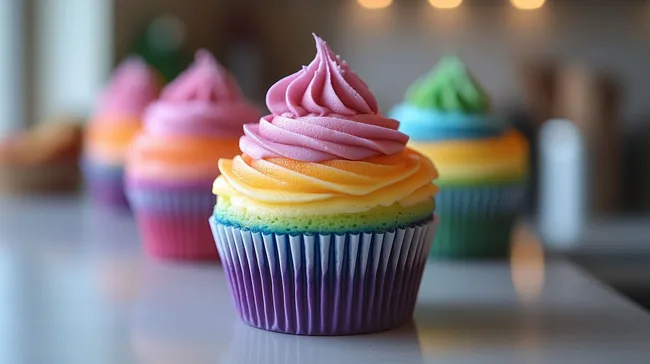 Bunte Regenbogen-Cupcakes in modernem Ambiente