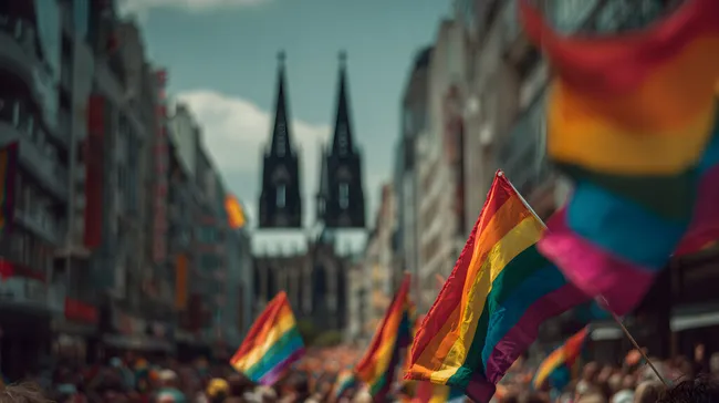 Bunte Regenbogenfahnen bei Kölner Christopher Street Day