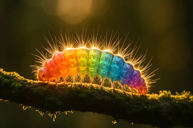 Bunte Regenbogenraupe auf Ast im Gegenlicht