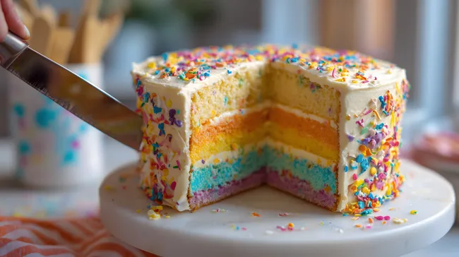 Bunte Regenbogentorte mit Streusel auf Teller