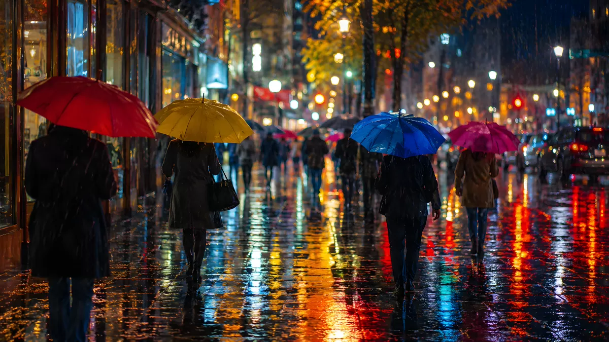 Bunte Regenschirme auf nasser Stadtstraße bei Nacht