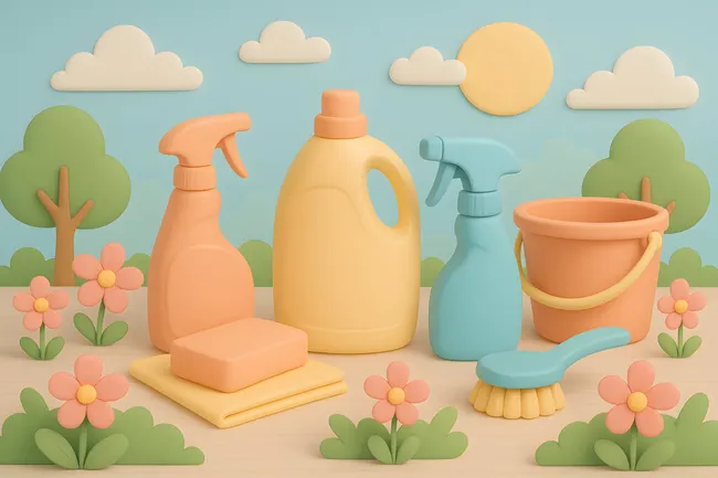 Bunte Reinigungsartikel in sommerlicher Gartenszene