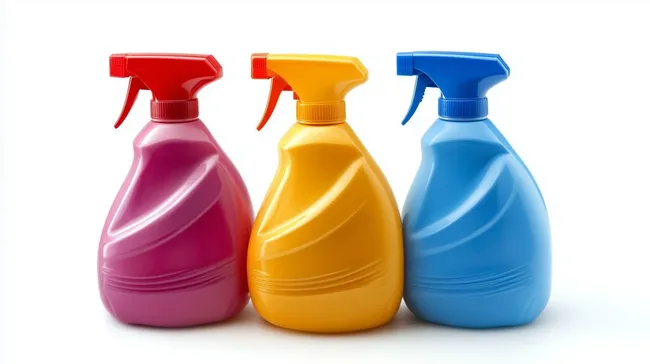 Bunte Reinigungsmittel-Sprühflaschen auf weißem Hintergrund