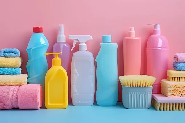 Bunte Reinigungsprodukte und Reinigungszubehör