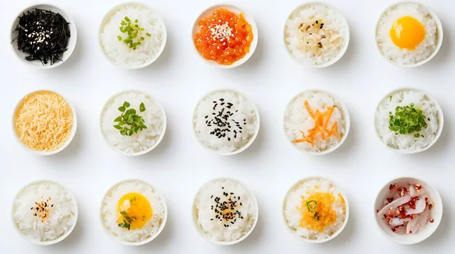 Bunte Reis-Toppings in dekorativen Schälchen