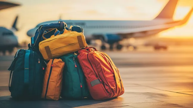 Bunte Reisegepäckstücke am Flughafen zur Sonnenuntergangszeit