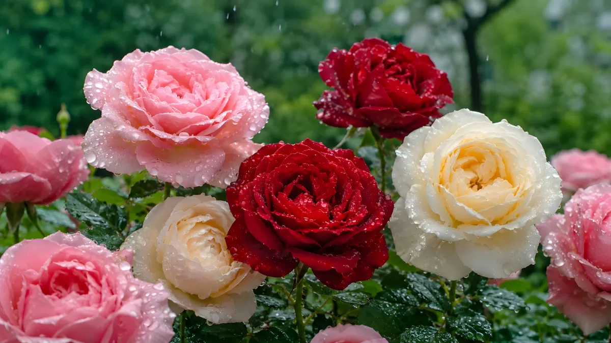 Bunte Rosen mit Regentropfen im Sommergarten