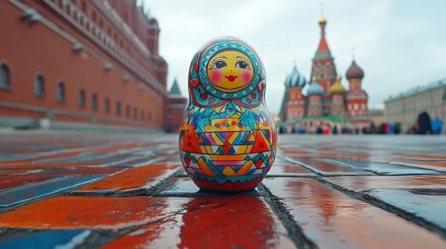 Bunte russische Matroschka-Puppe vor Kreml-Kathedrale