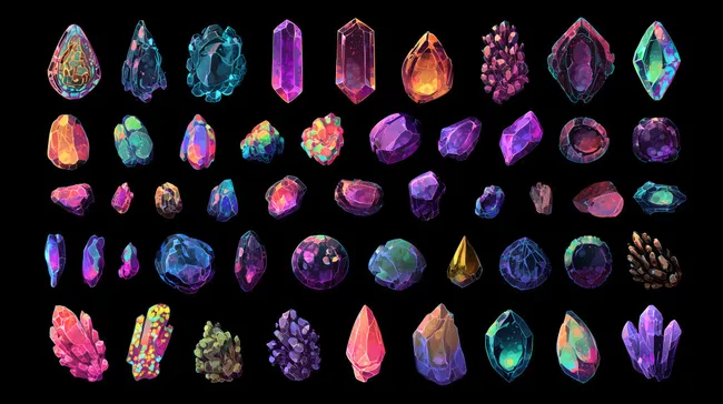 Bunte Sammlung kristalliner Edelsteine und Mineralien