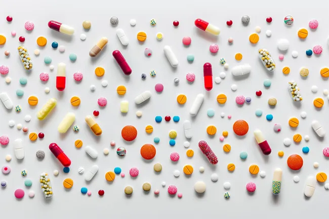 Bunte Sammlung medizinischer Tabletten und Kapseln