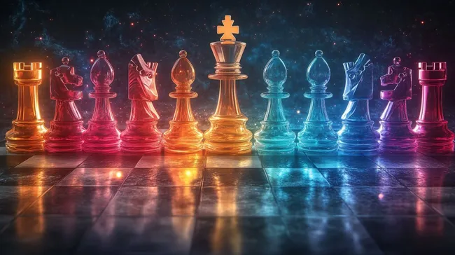 Bunte Schachfiguren aus Glas auf Schachbrett