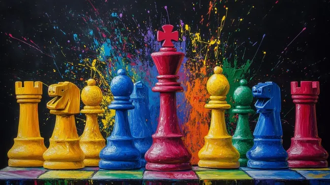 Bunte Schachfiguren mit Farbklecksen