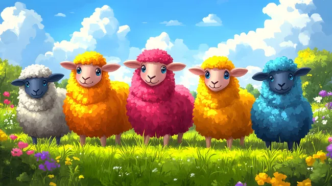 Bunte Schafe auf sommerlicher Wiese