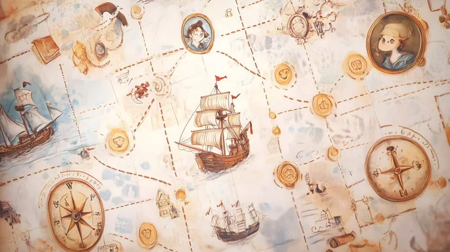 Bunte Schatzkatarte mit Schiffen und Kompass