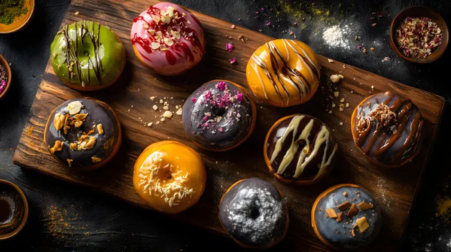 Bunte Schaumkuchen mit Glasur auf Holzbrett