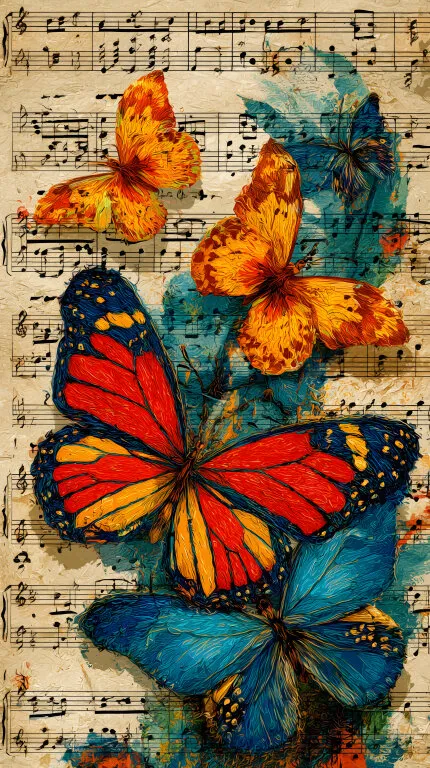 Bunte Schmetterlinge auf Notenblatt mit Kunstillustration