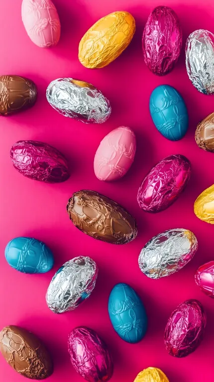 Bunte Schokoladeneier auf rosa Hintergrund