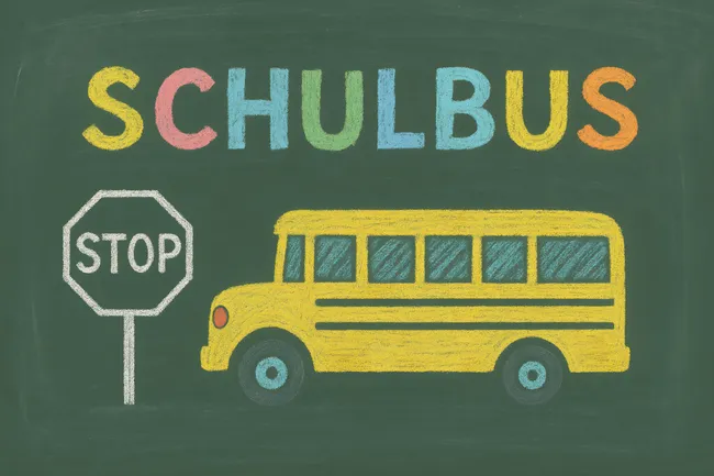 Bunte Schulbus-Illustration auf Tafel