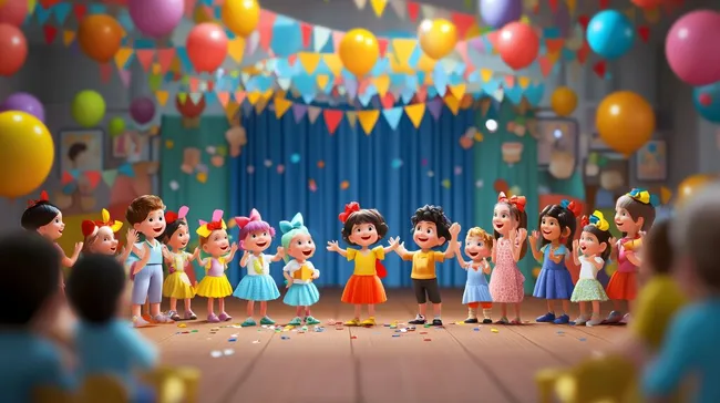 Bunte Schulfeier mit tanzenden Kindern und Luftballons