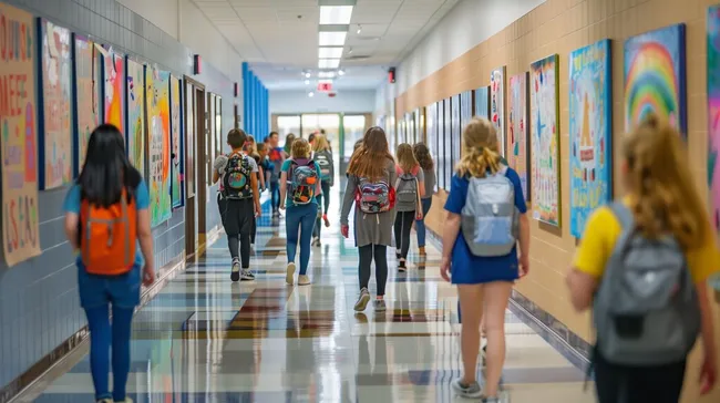 Bunte Schulflur mit Schülern und Kunstwerken