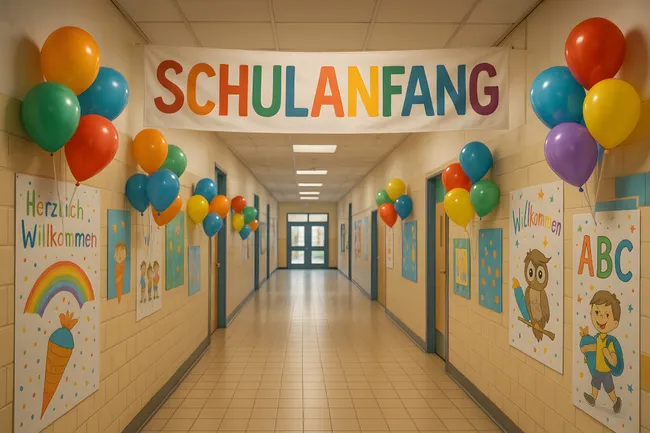 Bunte Schulflurdekoration mit Luftballons und Willkommensgrüßen