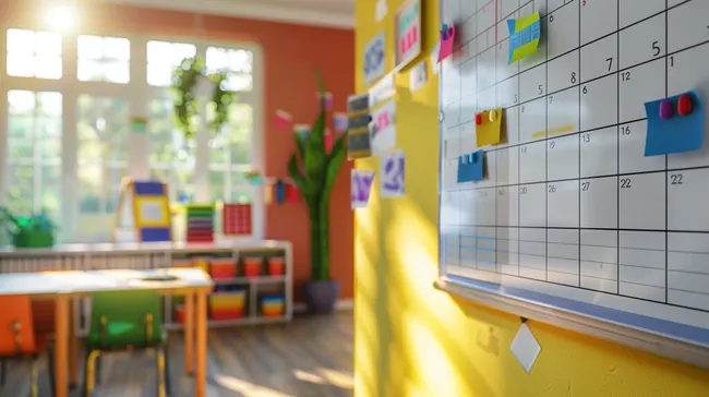 Bunte Schulklassenzimmer-Szene mit Kalender