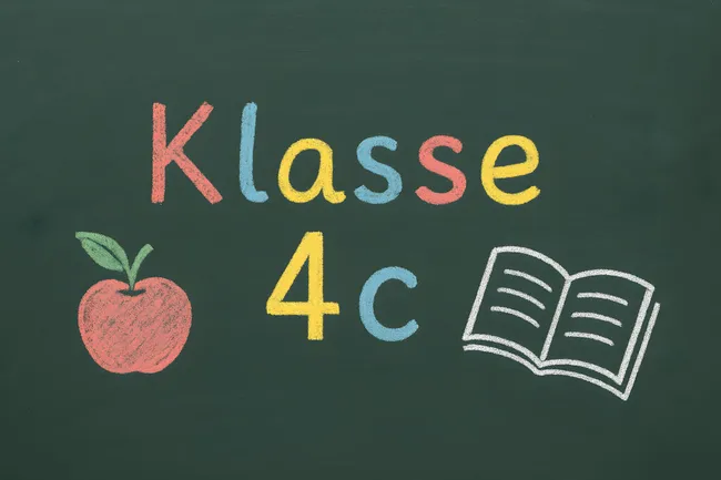 Bunte Schulkreide-Grafik mit Apfel und Buch