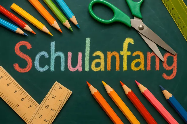 Bunte Schulmaterialien auf Kreidetafel für Schuljahresbeginn