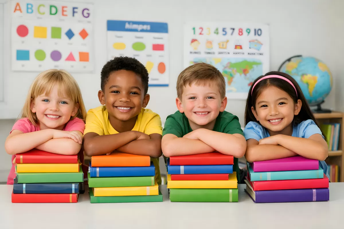 Bunte Schulszene mit lächelnden Kindern