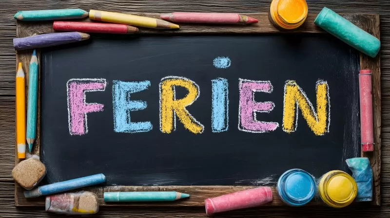 Bunte Schultafel mit Schriftzug Ferien