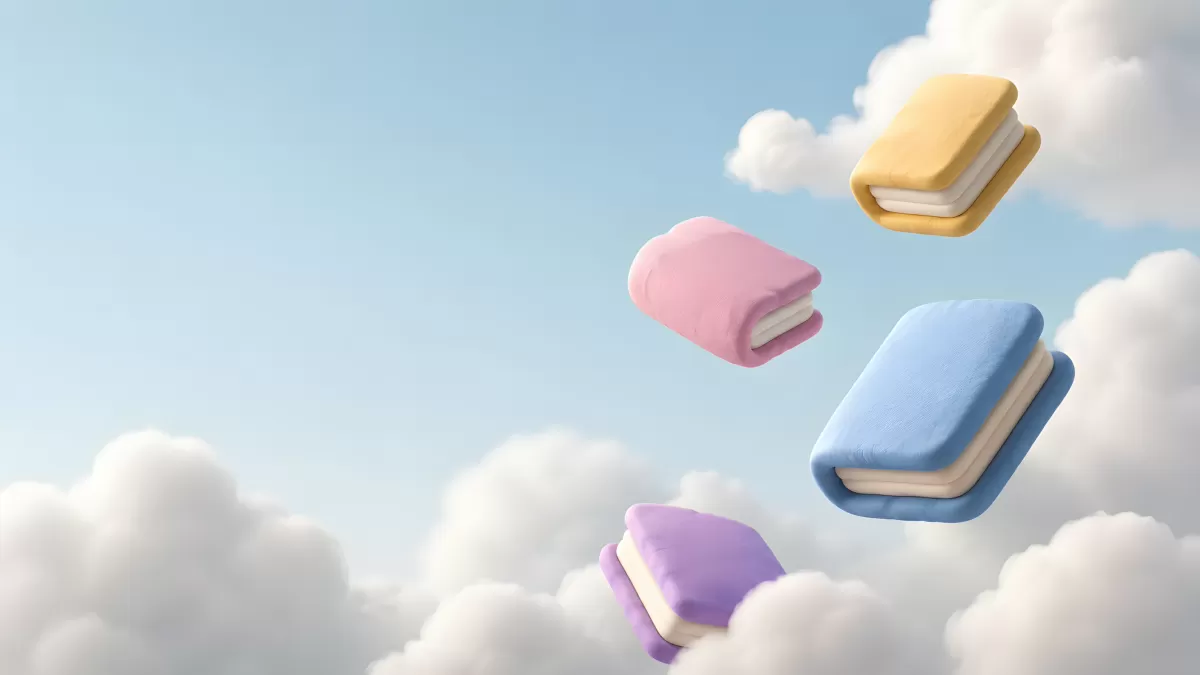 Bunte schwebende Bücher zwischen weichen Wolken