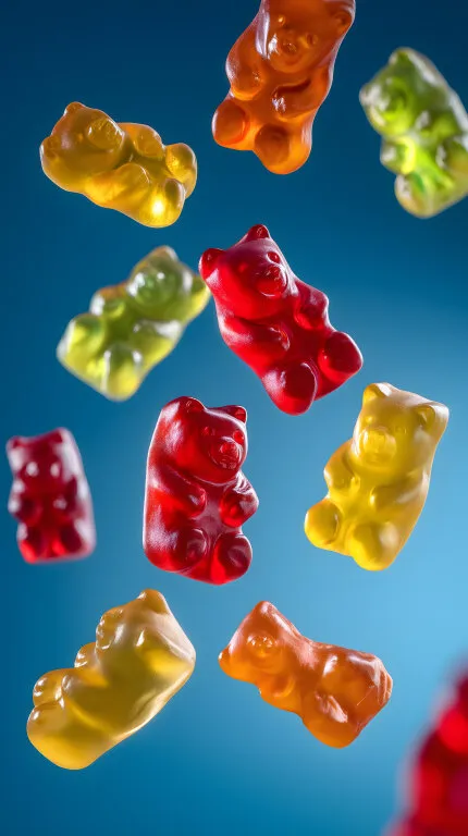 Bunte, schwebende Gummibärchen vor blauem Hintergrund