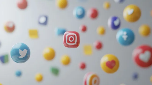 Bunte, schwebende Social-Media-Symbole auf weißem Hintergrund