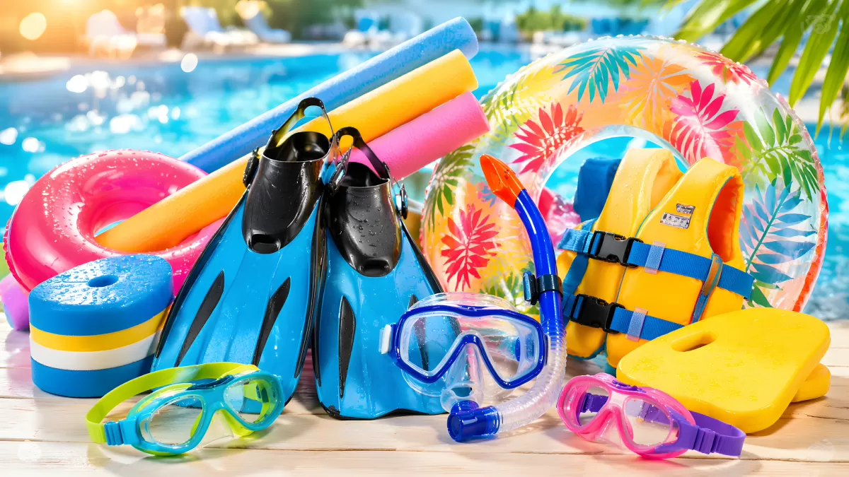 Bunte Schwimmausrüstung und Tauchzubehör am Pool