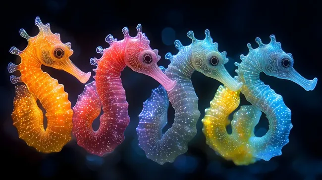 Bunte Seepferdchen-Skulpturen mit Lichteffekten