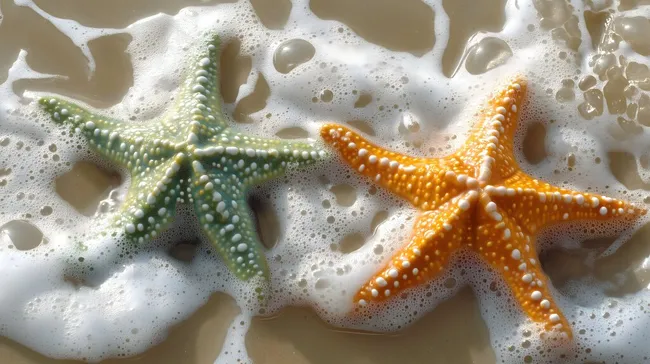 Bunte Seesterne schweben in Meeresbrandung